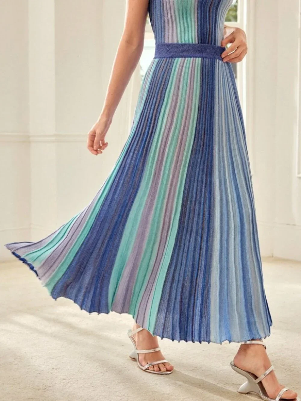 Blue Multicolor Striped Ribbed Knit Pleated Maxi Skirt
